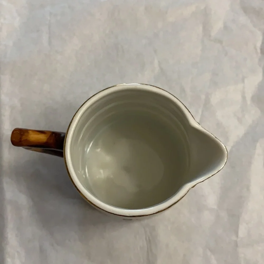 Bone China with faux bois handle with floral barrel creamer pitcher